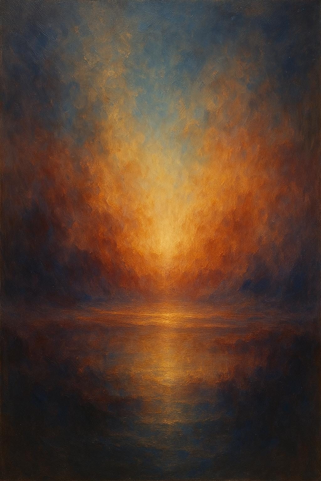 An abstract oil painting of a glowing orange and gold light rising between deep blue clouds above a dark, calm stretch of water, with the light reflected on the surface.