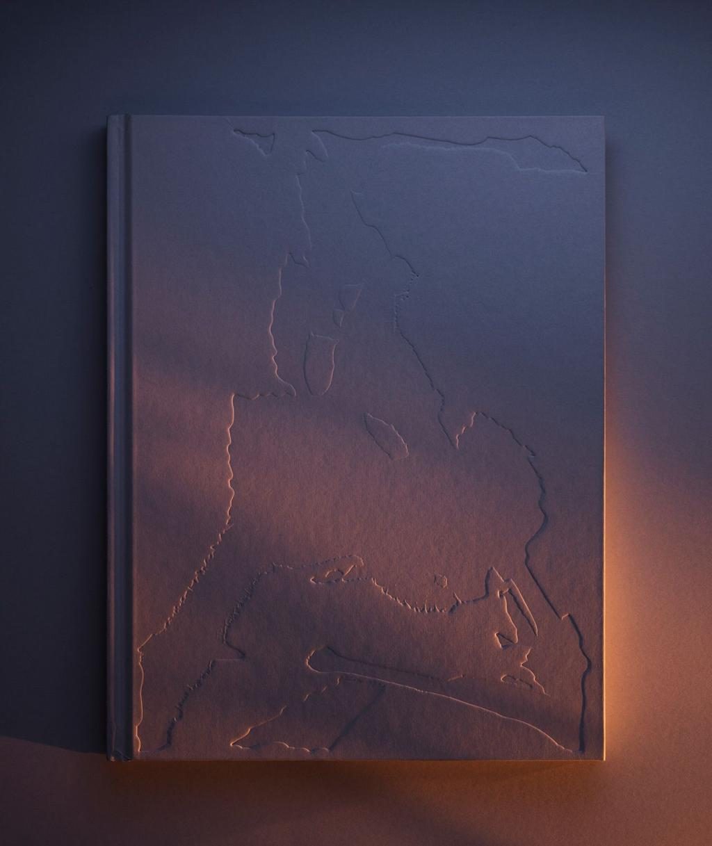A dark blue-gray hardcover book lying flat, lit by low orange sunset light from the lower right. A rough, uneven outline is embossed into the cover with no ink or color, readable only where the light catches its edges.