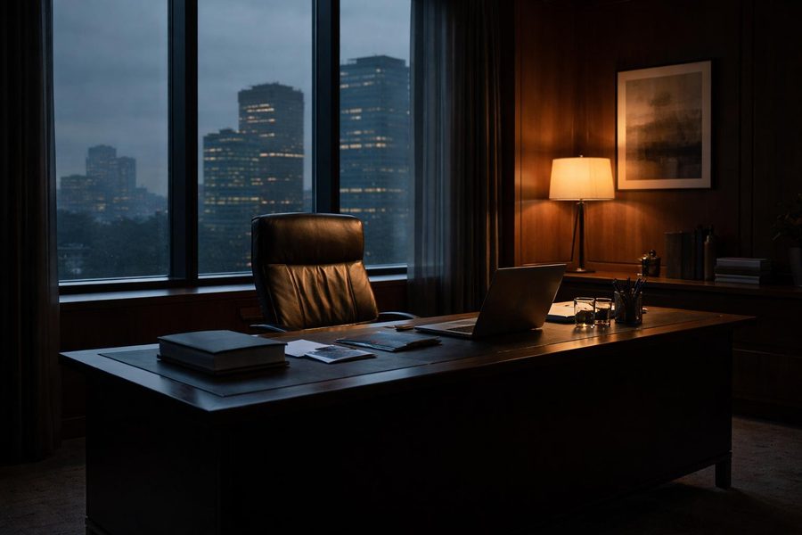 A dim office at dusk. An empty leather chair stands behind a desk with an open laptop and papers, and lit city towers show through the windows.