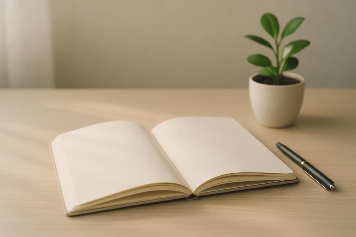An open blank notebook and a pen on a pale wooden desk, with a small green plant beside them.