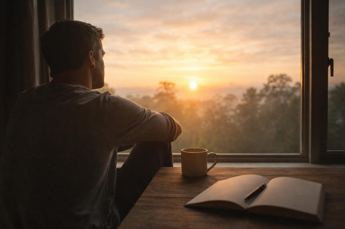 A man seen from behind sits at a wooden table by a window at sunrise, with a mug and an open notebook in front of him. Mist hangs over the trees outside.