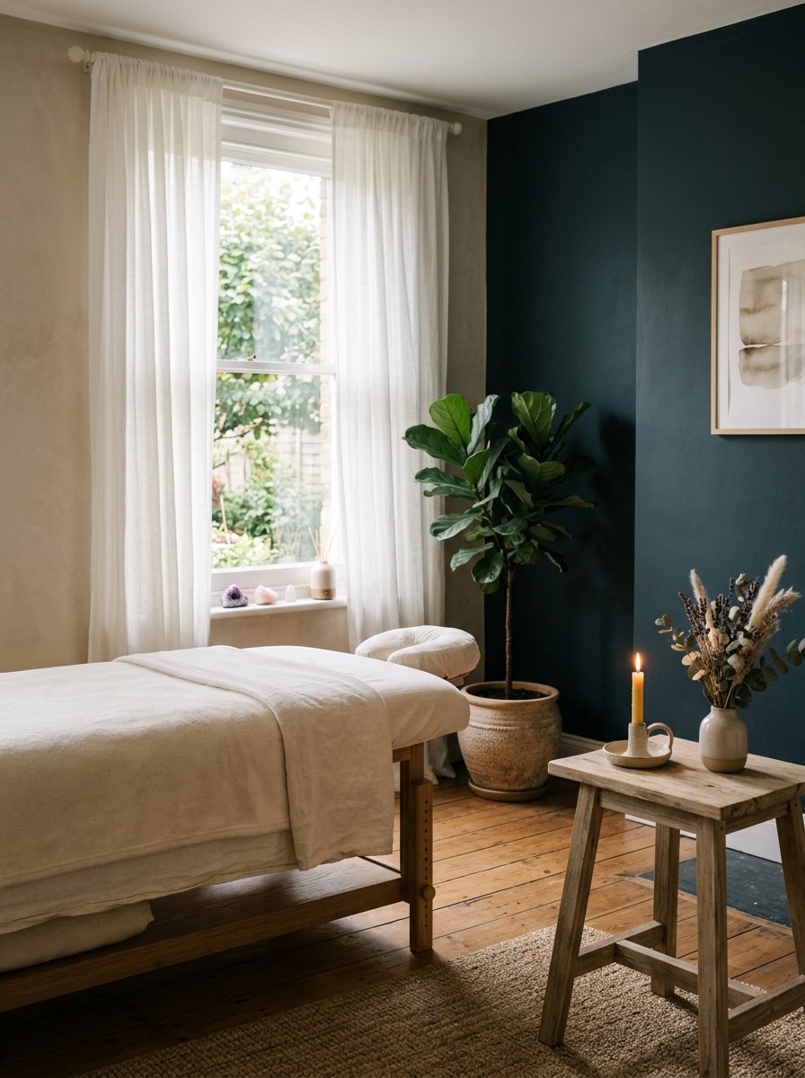The treatment room — soft daylight on a navy wall, a low side-table with a lit candle.